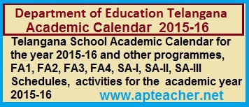 School Academic Calendar Telangana  2015-16, Examinations Schedule, Academic Calendar 2015-16, Training programmes to In-service Teachers   