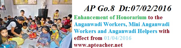 AP Go 8 Salary Enhancement of   Anganwadi Workers, Helpers, Mini Workers ,  Go.Ms No.8 Dt:06/02/2016 Anganwadi Workers Salary Enhancement from 1st April 2016   