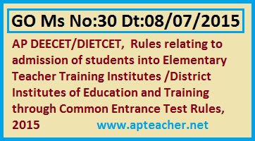 GO 30 AP DIETCET/DEECET Notification, Admissions , Rules, District Institutes of Education and Training(DIET 2015)
through Common Entrance Test Rules, 2015  