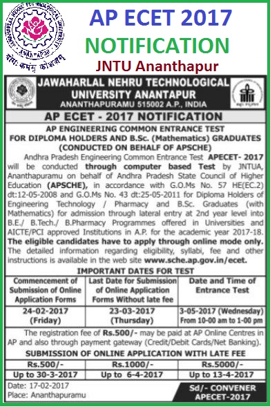 AP ECET 2017 Notification Apply Online, Syllabus, www.sche.ap.ogv.in/ecet, AP ECET 2017  Notification JNTU Anantapur  AP Engineering Common Entrance Test 