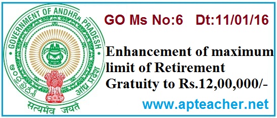 AP Go.6  Enhancement, Maximum Limit  of Retirement Gratuity is Rs 12,00,000/-, Retirement Gratuity  Enhancement Up to Rs.12,00,000/-    