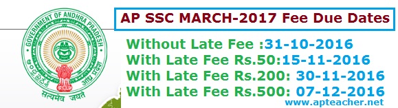 Revised  AP SSC Public Exams March 2017 Fee Due Dates and  Fee Particulars