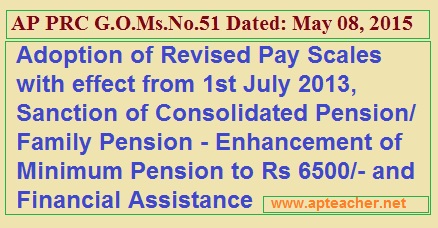 GO 51 Adoption, Enhancement of Minimum Pension, Sanction
of Consolidated Pension, AP PRC Go 51  Enhancement of Minimum Pension to Rs 6500/- 