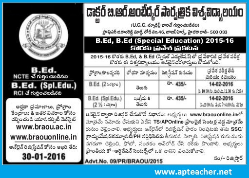 BRAOU B.Ed Admissions Notification  2015-16, Entrance Test, Syllabus,     BRAOU B.Ed Distance Mode Entrance Test Notification, Admissions