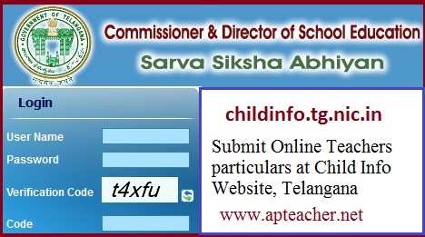 childinfo.tg.nic.in Submit Teachers Information Online, 
         Enter Particulars of Teachers Posts, Enrollment of Children online  