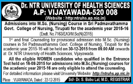 GAdmissions into MSc Nursing Course NTR University Padmavathamma College of Nursing, Admissions into M.Sc. (Nursing)  in Sri Padmavathamma Govt.  College of Nursing, Tirupati for the year 2016-17  