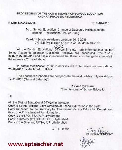 Rc 134 AP Schools Dussehra Holidays List from 12th October 2015 to 23 October 2015, AP Schools Dussehra Holidays 12th October 2015 to 23 October 2015 