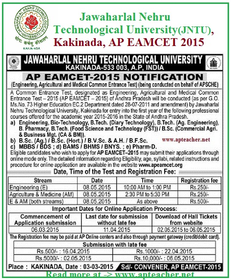 AP EAMCET 2015 Notification, JNTU Kakinada APEAMCET 2015,  Timetable, EAMCET -2015 Schedule 08th May 2015, Notification, Timetable