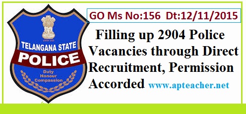 TS GO 156 Police Recruitment Board Filling up 2904 Vacancies, 2904 Police Vacant Posts by  Telangana Police  Recruitment Board  
