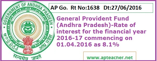 AP Go.1638, 8.1% General Provident Fund Rate of interest for the
financial year 2016-17 , GPF Rate of interest 8.1%  from 8.1% 01.04.2016 to 30.06.2016  