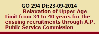 GO 295 Relaxation of Upper Age Limit from 34 to
40 years for the ensuing recruitments through A.P. Public Service Commission and
other Recruiting Agencies 