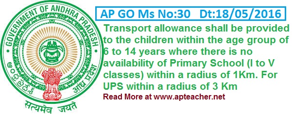 GO 30 Providing of Transport Allowance to the Children within the Age Group of 6 to 14 years, TA Shall be provided to the children  of UP School (VI to VIII classes) within a radius of 3 Km 