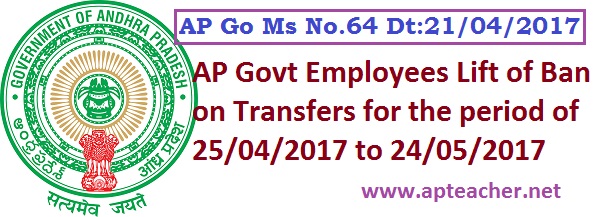 AP GO 64 Lift of Ban on  Transfers and Postings of AP Employees Certain Guidelines, Lift of Ban on Transfers of Govt Employees for the period of 25/04/2017 to 24/05/2017 