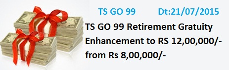 TS GO 99 Retirement Gratuity Enhancement to RS 12,00,000/-,
 Telangana Pensioners Enhancement of Retirement Gratuity from Rs 8,00,000/- to Rs 12,00,000/-  
