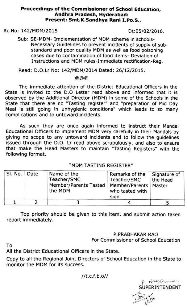 AP Rc.No:142 Guidelines to HM to Prevent Food Positioning, Teacher should Taste Mid-Day Meal, Rc 142, Implementation of MDM Scheme in schools, Necessary Guidelines to prevent incidents of supply of substandard and poor quality MDM   