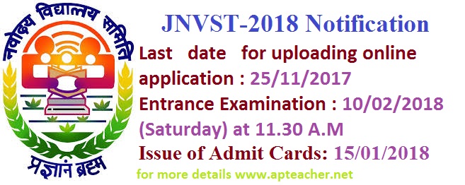 Jawahar Navodaya Vidyalaya Selection Test (JNVST)2018  Notification, How to Apply ,  How to Apply JNVST 2018 Entrance Exam, Syllabus, Medium of Test  