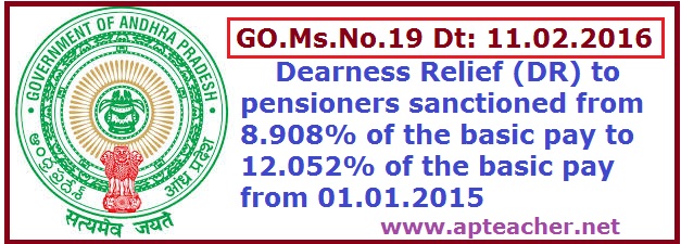 Go.19 AP Pensioners Dearness Relief(DR) @ 12.052%  from 1st Jan 2015, Pensioners DR from  8.908% o to 12.052% of the basic pay from 01.01.2015        