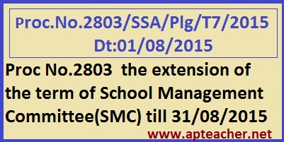 Proc No.2803 Telangana SMC Extension of Term upto 31st August 2015, Rc No.2803 Extension of the term of School Management Committee(SMC) till 31/08/2015 