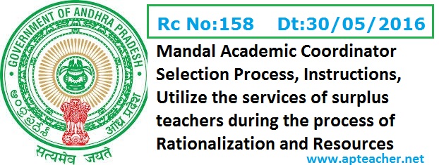 Rc.158 Mandal Academic Coordinator Selection Process, Instructions, Rc No.158 Utilize the Services of Surplus School Assistant  during the process of Rationalization and Resources  