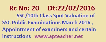 TS Rc.20 SSC/10th Class Mar-2016 Spot Valuation,  Appointment of Examiners and Certain Instructions, AEs/ CEs /Spl Assts SSC/10th Class Spot Valuation, Schedule, Instructions   