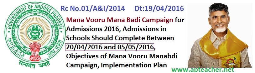 Rc.01 Admissions in Schools Should Complete Between 20/04/2016 and 05/05/2016 Mana Vooru Mana Badi Campaign , Rc.01, Mana Vooru Mana Badi Campaign Schedule, Main Objectives of Mana Vooru Manabdi Campaign, Implementation Plan    