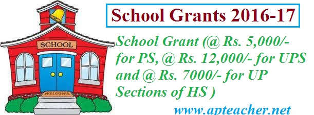 AP Guidelines on the utilization of School Grants 2016 – 17, School Grant @ Rs. 5,000/- for PS, @ Rs. 12,000/- for UPS and @ Rs. 7000/- for UP Sections of HS   