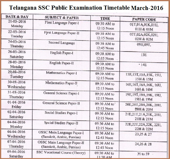 BSE Telangana, bsetelangana.org,Telangana 10th Class/SSC March 2016 Examination Timetable, bsetelangana | SSC March 2016 Examination Timetable  