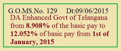 TS GO 129 DA@12.052% Enhanced from 8.908% Telangana Govt Employees, DA Enhanced from 8.908% of the basic pay to 12.052% of basic pay from 1st of January, 2015 /> 