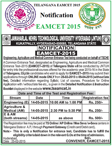 TSEAMCET2015 Notification, Telangana TS EAMCET 2015-16 Notification JNTU Hyd  Apply Online  Registration Fee, Courses Offered 
