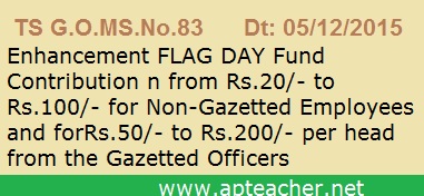 TS GO 83  Flag Day Fund  Enhancement Gazetted and Non-Gazetted Officers , Enhanced Flag Day Fund deduction from Rs.20/- to Rs.100/-  from the Non-Gazetted Employees and from Rs.50/- to Rs.200/- Gazetted   