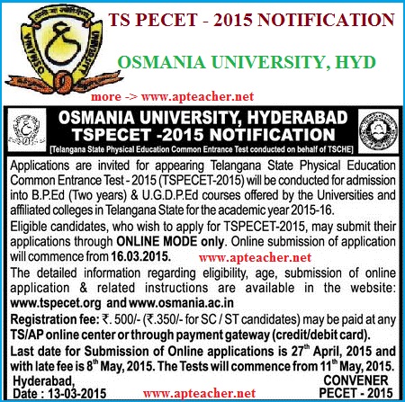 TSPECET 2015 Notification,  Schedule, Syllabus, Timetable, Apply Online 
             Osmania University, Hyderabad 