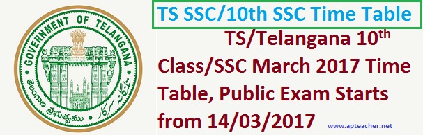 TS  SSC/10th Class March 2017 Public Examinations  Schedule ,  10th Class Public Exam  Schedule  