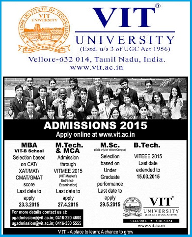 VIT Admissions 2015-16, VITEEE-2015, Notification 2015, VIT University,  Vellore Institute of Technology(VIT) 