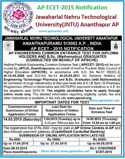 AP ECET-2015 Notification, Schedule, Syllabus, Hall tickets, Eligibility ,Jawaharlal Nehru Technological University(JNTU) ,AP ECET-2015 Notification, Syllabus,  Hall tickets,  Eligibility 