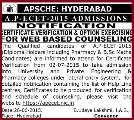 AP ECET 2015 Admissions Notification, Certificate Verification, Schedule, AP ECET 2015 Admissions Notification, Option Exercising for web counseling   