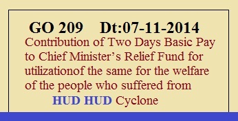 GO 209  AP Contribution of Two Days Basic Pay to Chief
Minister’s Relief Fund for utilizationof the same for the welfare of the people who suffered from
HUD HUD Cyclone