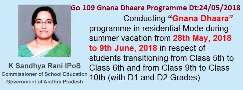 AP Go.109 Gnana Dhaara programme for D1, D2 Grade Students from 28th May, 2018 to 9th June, 2018, Gnana Dhaara Programme from 28th May, 2018 to 9th June, 2018 in respect of students transitioning from Class 5th to Class 6th and from Class 9th to Class 10th  