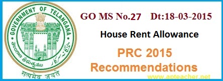 GO 27 House Rent Allowance PRC 2015 Recommendations, GO 27 Dt:18/03/2015 HRA 10th Pay Commission PRC 2015 