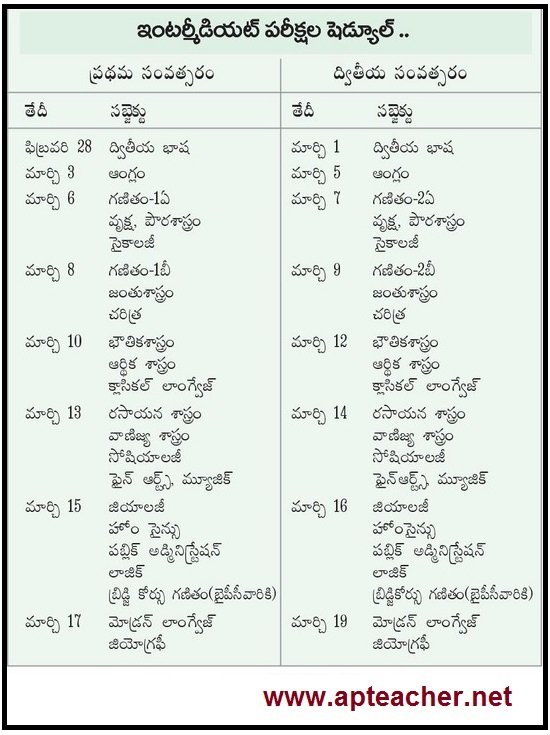 AP Inter Exams March 2018 Time Table, AP Inter 1st Year, 2nd Year Exams March 2018 Schedule 