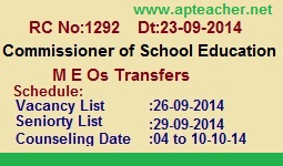  MEO Transfers, Schedule, instructions to  RJDSE School Education AP, MEO Transfers Instructions 