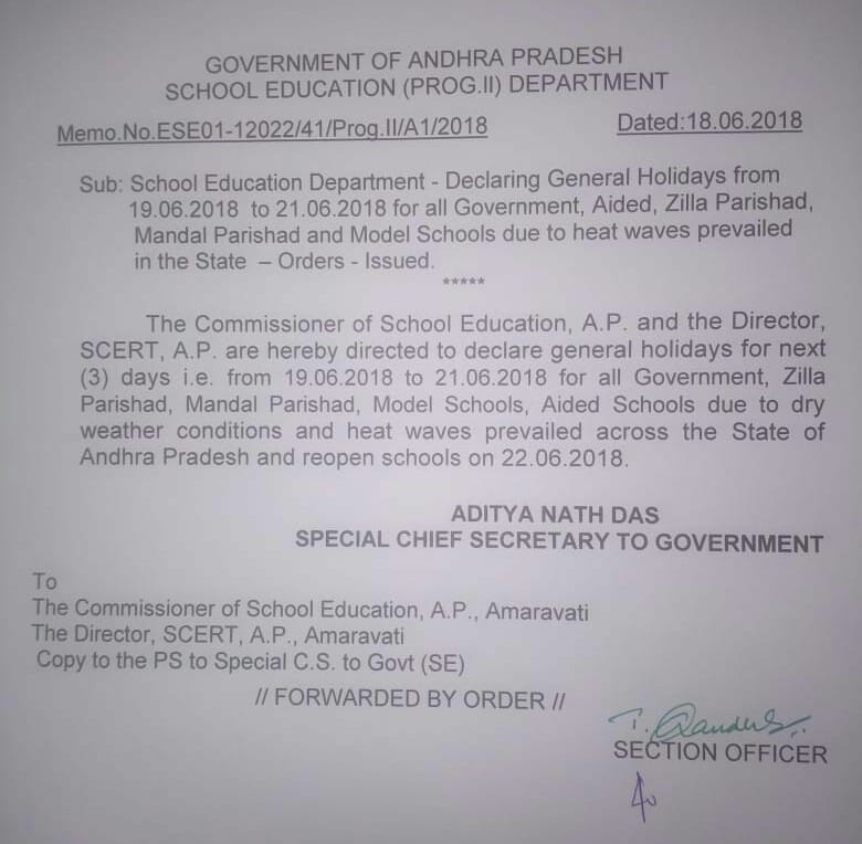 AP Memo General Holidays  due to Heat Waves on 19th -21st June 2018   