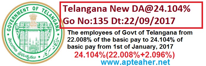 TS New DA GO.135 24.104%(22.008+2.096%) is from 1st of January, 2017, DA Enhanced from 22.008% of the basic pay to 24.104%( of basic pay from 1st of January, 2017  