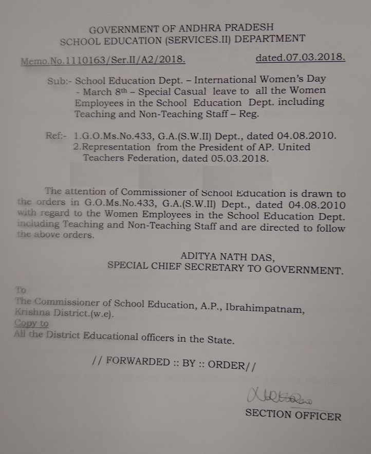 Spl. CL on International Women’s DAY AP, Telangana Go.433, Memo.No.1110163, How to Avail Spl. CL on International Women’s DAY AP, Telangana  