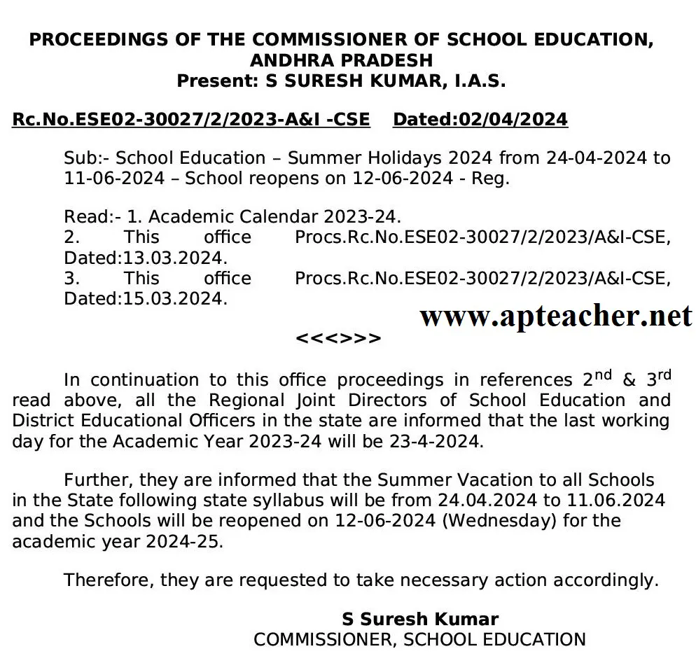 AP Schools Summer Vacation is from 24th April to 11th June 2024