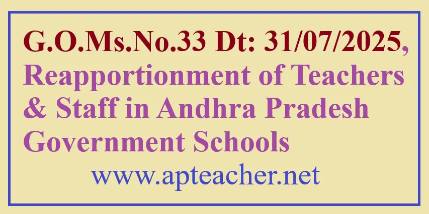 G.O.Ms.No.33 Dated 31-07-2025: Reapportionment of Teachers & Staff in Andhra Pradesh Government Schools
