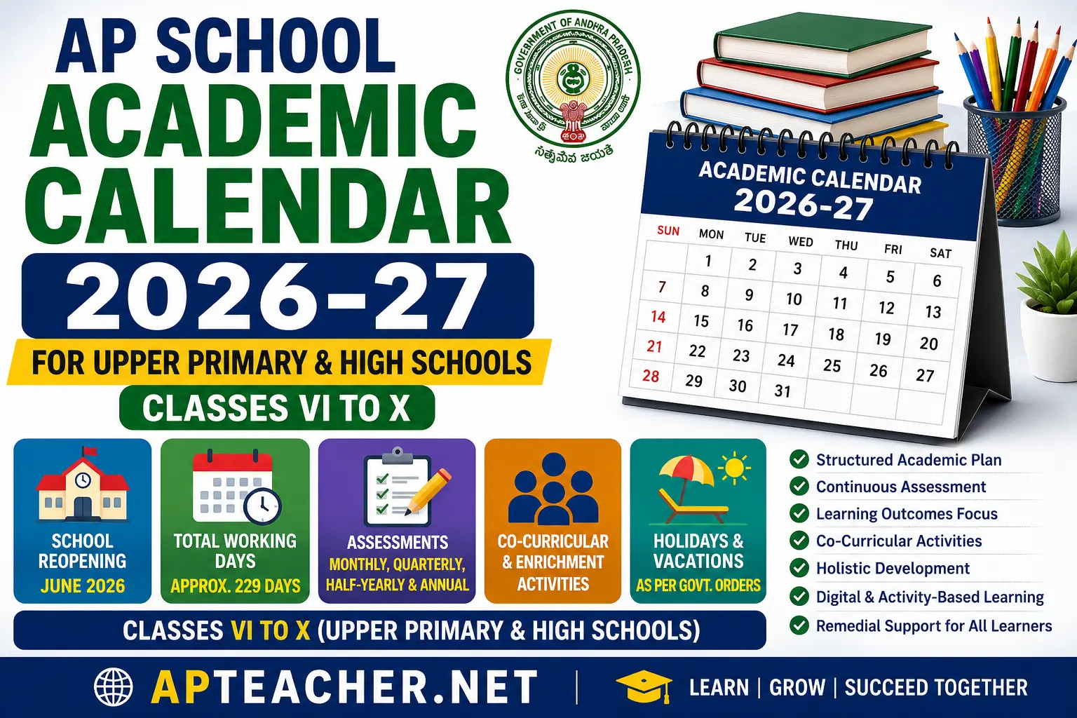 AP Academic Calendar for High Schools, UP Schools 2026-27 AP SCERT Download