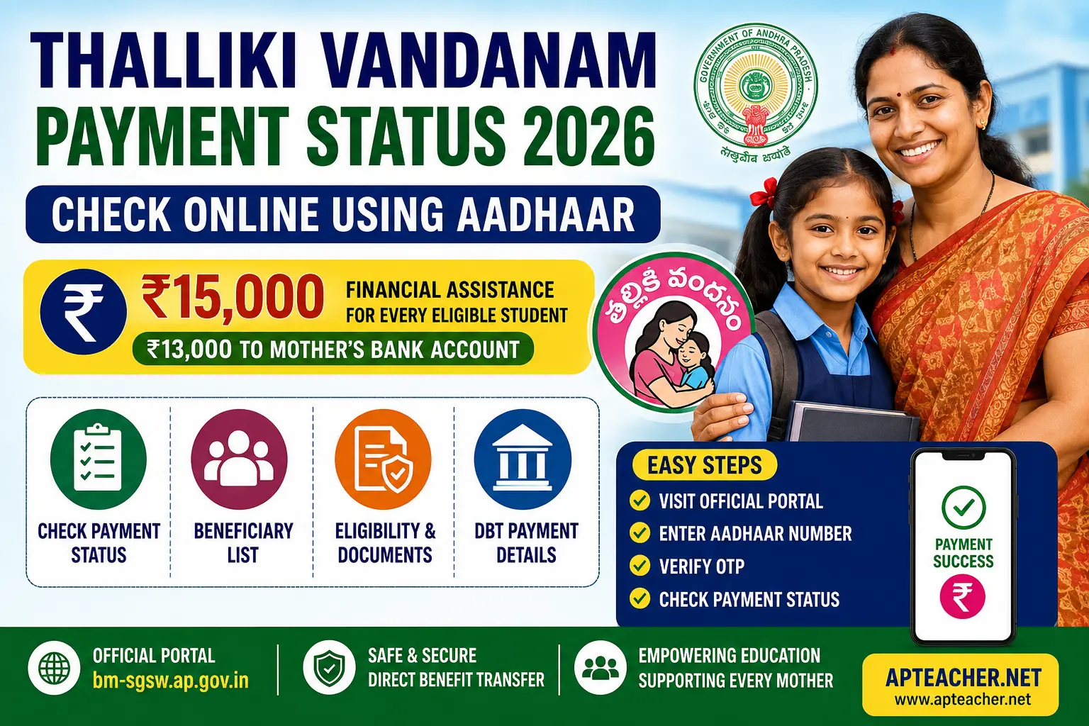 Thalliki Vandanam Payment Status 2026: Check Online Using Aadhaar, Eligibility, Beneficiary List & Payment Details